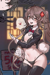 Rule 34 | 1boy, 1girl, absurdres, animal ears, bikini, black bikini, black gloves, black hair, black thighhighs, blush, bow, bowtie, breasts, brown hair, chroong, clipboard, closed eyes, flower, genshin impact, ghost, gloves, hair flower, hair ornament, highres, hu tao (genshin impact), leotard, long hair, looking at viewer, meme attire, navel, open mouth, playboy bunny, rabbit ears, rabbit tail, red eyes, reverse bunnysuit, reverse outfit, signpost, small breasts, smile, swimsuit, symbol-shaped pupils, tail, thighhighs, twintails, v, yellow eyes, zhongli (genshin impact)