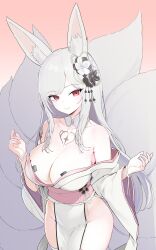 Rule 34 | 1girl, absurdres, animal ears, bandaid, bandaids on nipples, bare shoulders, breasts, chest tattoo, cleavage, closed mouth, collarbone, cowboy shot, detached collar, dress, flower, fox ears, fox tail, hair flower, hair ornament, hand up, highres, japanese clothes, kanzashi, kitsune, kyuubi, large breasts, large tail, long hair, long sleeves, looking at viewer, mr tangsuyuk, multiple tails, no panties, obi, off shoulder, original, pasties, pelvic curtain, pink background, red eyes, sash, simple background, smile, solo, standing, tail, tattoo, thighhighs, thighs, very long hair, white dress, white hair, white thighhighs, wide sleeves