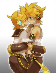 Rule 34 | 2boys, bare shoulders, black border, blonde hair, blush, border, cowboy shot, detached sleeves, dual persona, english text, gradient background, green eyes, headset, hug, ishitake (syotauho), kagamine len, kagamine len (append), kagamine len (vocaloid4), looking at another, male focus, midriff, multiple boys, navel, ponytail, signature, v4x, vocaloid, vocaloid append