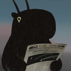 Rule 34 | black fur, commentary, creature, english commentary, english text, highres, holding, holding newspaper, horns, newspaper, no humans, original, outdoors, tears, yellow eyes, zevania