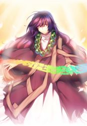 Rule 34 | 1girl, antenna hair, bead necklace, beads, black robe, brown sash, commentary request, feet out of frame, hijiri byakuren, jewelry, kaiza (rider000), light rays, long hair, long sleeves, looking at viewer, necklace, petals, purple eyes, purple hair, robe, sash, skirt, smile, solo, touhou, very long hair, white skirt, wide sleeves, yellow background