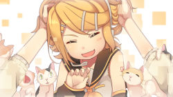 Rule 34 | 1girl, ^ ^, animal, blonde hair, cat, closed eyes, detached sleeves, fang, green eyes, hair ornament, hairclip, hands in hair, hands on another&#039;s head, head tilt, headphones, headset, highres, kagamine rin, laughing, messy hair, microphone, open mouth, out of frame, pov, sailor collar, scratching head, short hair, solo focus, tattoo, treble clef, vocaloid, white background, yawning, zazuzu