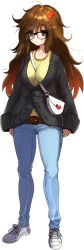 Rule 34 | 10s, 1girl, arms at sides, bag, belt, between breasts, black-framed eyewear, blouse, bow, breasts, brown eyes, brown hair, buttons, curvy, denim, fate/extra, fate/extra ccc, fate (series), full body, glasses, hair between eyes, hair ribbon, handbag, heart, jeans, jinako carigiri, large breasts, long hair, messy hair, official art, over shoulder, pants, ribbon, shirt, shoes, sneakers, solo, strap between breasts, sweater, t-shirt, thick thighs, thighs, transparent background, unbuttoned, wada arco, wide hips, yellow shirt