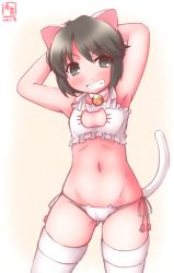 Rule 34 | 10s, 1girl, 2016, animal ears, armpits, arms behind back, arms up, ass, bell, black eyes, black hair, blush, bra, cat cutout, cat ear panties, cat ears, cat girl, cat lingerie, cat tail, choker, cleavage cutout, clothing cutout, collar, commentary request, dated, fake animal ears, fake tail, gluteal fold, highres, jingle bell, kanon (kurogane knights), kantai collection, looking at viewer, meme attire, miyuki (kancolle), navel, neck bell, panties, short hair, side-tie panties, smile, solo, stomach, tail, teeth, thigh gap, thighhighs, thighs, underwear, underwear only, white bra, white panties, white thighhighs