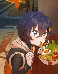 Rule 34 | 1girl, absurdres, aowow, artist name, belle (zenless zone zero), black eyes, black shirt, blue eyes, blush, chopsticks, eating, fingerless gloves, food, food in mouth, gloves, hair between eyes, highres, holding, holding chopsticks, long sleeves, looking at viewer, noodles, orange gloves, outdoors, ramen, shirt, short hair, single glove, sleeveless, sleeveless jacket, solo, upper body, zenless zone zero