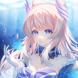 Rule 34 | 1girl, air bubble, blue eyes, bow-shaped hair, breasts, bubble, cleavage, collarbone, colored tips, commentary request, detached collar, detached sleeves, fish, frilled sleeves, frills, genshin impact, gloves, half gloves, hand up, highres, long hair, looking at viewer, medium breasts, multicolored hair, nalukikiki, parted lips, pink hair, sangonomiya kokomi, signature, solo, upper body, white gloves