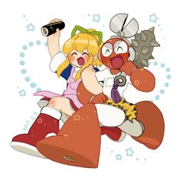 Rule 34 | 1boy, 1girl, alternate costume, apron, blonde hair, closed eyes, club, club (weapon), commentary request, cut man, food, hair ribbon, harvest88, holding, holding food, locked arms, long hair, mega man (classic), mega man (series), mega man 1, no humans, oni costume, red footwear, ribbon, robot, roll (mega man), scissors, sidelocks, smile, spiked club, weapon