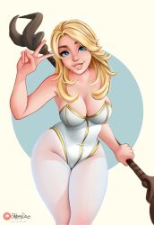 1girl alternate_costume bare_shoulders blonde_hair blue_eyes breasts cleavage commentary english_commentary gold_trim hand_up highres holding holding_staff jackary large_breasts league_of_legends leotard lips long_hair looking_at_viewer lux_(league_of_legends) pantyhose patreon_logo patreon_username signature smile solo staff strapless strapless_leotard thick_thighs thighs v very_long_hair white_leotard white_pantyhose