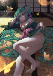 Rule 34 | 1girl, amarisuu, aqua eyes, aqua hair, artist name, barefoot, blue kimono, blue nails, blurry, blurry background, blurry foreground, breasts, bug, butterfly, clothes lift, commentary, flower, foot out of frame, glowing butterfly, green kimono, hair between eyes, hand on own head, hatsune miku, highres, indoors, insect, japanese clothes, kimono, kimono lift, legs, lifted by self, long hair, looking at viewer, lying, nail polish, number tattoo, obi, off shoulder, on floor, on side, panties, pink flower, pink panties, pink sash, room, sash, shouji, sliding doors, small breasts, smile, solo, sunlight, tatami, tattoo, teeth, thighs, two-tone kimono, underwear, very long hair, vocaloid, yellow butterfly