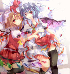 Rule 34 | 2girls, bad id, bad pixiv id, bat wings, black legwear, blonde hair, blue hair, blush, clothes lift, dress, dress lift, female focus, flandre scarlet, hat, lying, multiple girls, on back, on side, one eye closed, open clothes, open dress, petals, red dress, red eyes, remilia scarlet, rose petals, short hair, siblings, sisters, smile, striped clothes, striped legwear, striped thighhighs, sushimekabu, thighhighs, touhou, white dress, wings, wink, zettai ryouiki
