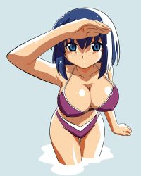 Rule 34 | 00s, 1girl, absurdres, arm up, armpits, bare shoulders, bikini, blue background, blue eyes, blue hair, blush, breasts, cleavage, collarbone, covered erect nipples, curvy, female focus, fingernails, foreshortening, groin, hair between eyes, halterneck, highres, hip focus, huge breasts, kokubunji koyori, large breasts, leaning forward, long image, looking at viewer, matching hair/eyes, navel, nurse witch komugi-chan, purple bikini, shade, shading eyes, shiny skin, short hair, simple background, smile, solo, soul taker, standing, swimsuit, tall image, thigh gap, thighs, vector trace, wading, watanabe akio, water, wide hips