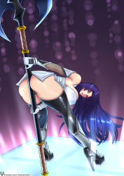 Rule 34 | 1girl, ass, ass focus, axe, battle axe, blue hair, breasts, cleavage, dress, holding, holding weapon, kinkmashe, large breasts, long hair, looking at viewer, looking to the side, shiny skin, short dress, solo, taimanin (series), taimanin asagi, weapon, yatsu murasaki