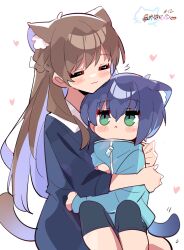 Rule 34 | 2girls, :3, absurdres, animal ears, blue dress, blue hair, blue jacket, blue pants, blush, brown hair, cat ears, cat girl, cat tail, closed eyes, colored inner hair, commentary, dress, green eyes, hair between eyes, half up braid, heart, highres, hug, jacket, long hair, multicolored hair, multiple girls, na nare hana nare, obunai suzuha, pants, short hair, symbol-only commentary, tail, tanizaki shion, zhanzhangzlw, zipper pull tab