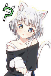Rule 34 | 1girl, :o, ?, animal ear fluff, animal ears, bang dream!, bang dream! it&#039;s mygo!!!!!, bare shoulders, black shirt, blue eyes, blunt bangs, blush, cat, cat ears, cat girl, cat tail, collarbone, commentary, grey hair, hand up, head tilt, heterochromia, highres, kaname raana, kemonomimi mode, layered sleeves, long sleeves, looking at viewer, medium hair, off-shoulder shirt, off shoulder, parted lips, paw pose, pixelated, shirt, simple background, skull573, sleeves past elbows, sleeves past wrists, solo, strap slip, symbol-only commentary, tail, upper body, white background, white shirt, yellow eyes