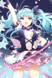 Rule 34 | 1girl, :o, ahoge, arm up, blue hair, breasts, center opening, cleavage, gloves, hair ribbon, hand on own hip, hip focus, layered skirt, linus falco, long hair, lowres, open mouth, outstretched arm, pleated skirt, red eyes, ribbon, salt (salty), skirt, solo, star (symbol), striped, sword girls, thighhighs, twintails, white thighhighs
