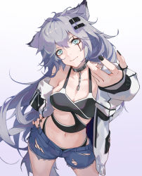 Rule 34 | 1girl, absurdres, animal ears, arknights, black nails, blue shorts, breasts, chain, chinese commentary, collar, commentary request, cowboy shot, cutoffs, gradient background, grey background, grey eyes, hair between eyes, hair ornament, hairclip, hand on own hip, head tilt, highres, lappland (arknights), long hair, looking at viewer, medium breasts, midriff, nail polish, navel, scar, scar across eye, scar on face, short shorts, shorts, silver hair, smile, solo, standing, stomach, taka (0taka), thighs, very long hair, white background, wolf ears