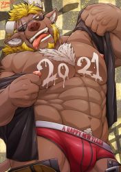 Rule 34 | 1boy, 2021, abs, animal ears, bara, bare pectorals, blonde hair, bodypaint, brown fur, bulge, chest hair, chinese zodiac, cow ears, cow horns, furry, furry male, happi, happy new year, head tilt, horns, japanese clothes, kimono, kishi guma, large pectorals, leaning to the side, male focus, male underwear, minotaur, muscular, muscular male, navel, navel hair, new year, nipples, open clothes, open kimono, open mouth, open pants, original, pants, pectorals, red male underwear, scar, scar across eye, scar on face, short hair, solo, stomach, sunglasses, thick thighs, thighs, tongue, tongue out, year of the ox