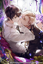 Rule 34 | 2boys, black hair, blonde hair, covering another&#039;s mouth, curtains, dated, flower, hand over another&#039;s mouth, indoors, long sleeves, looking at viewer, multiple boys, official art, petals, red eyes, shirt, short hair, spread legs, sukja, sweatdrop, watermark, white shirt, window, yellow neckwear