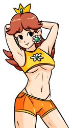 Rule 34 | absurdres, breasts, brown hair, crop top, crown, highres, i am jemboy, mario (series), nintendo, princess daisy, shorts, solo, super mario land, thong, transparent background, underboob