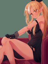 Rule 34 | 1girl, alternate costume, arm strap, bare legs, black dress, black gloves, black ribbon, blonde hair, breasts, cleavage, closed mouth, commentary, couch, dark-skinned female, dark skin, dress, expressionless, eyes visible through hair, feet out of frame, frilled gloves, frills, from side, gloves, green background, hair ribbon, highres, hololive, loeldrive, long hair, looking at viewer, medium breasts, multicolored hair, pointy ears, ponytail, red eyes, ribbon, shiranui flare, simple background, sitting, sleeveless, sleeveless dress, solo, streaked hair, thigh strap, thighs, two-tone hair, virtual youtuber, white hair