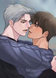 Rule 34 | 2boys, black eyes, black sweater, blue sweater, blurry, blurry background, brown hair, haebo, highres, hug, ilay riegrow, jeong taeui, looking at another, male focus, multiple boys, parted lips, passion (manhwa), short hair, sweater, tan, white hair, yaoi