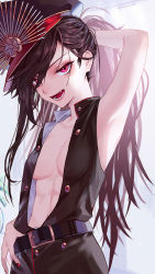 Rule 34 | 1girl, :d, arm behind head, arm up, belt, belt buckle, black hair, black headwear, breasts, buckle, cowboy shot, eyeshadow, fang, fate/grand order, fate (series), hair over one eye, long hair, looking at viewer, makeup, march ab, medium breasts, nail polish, navel, no bra, oda nobunaga (fate), oda nobunaga (koha-ace), open clothes, open mouth, open vest, pink eyes, ponytail, red nails, sleeveless, smile, solo, twitter username, very long hair, vest
