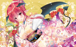 Rule 34 | 1girl, alternate costume, alternate hairstyle, blush, breasts, demon tail, demon wings, fingernails, floral background, floral print, folding fan, furisode, gradient clothes, hair between eyes, hair bun, hair ornament, hair up, hand fan, japanese clothes, kimono, koakuma, lips, long sleeves, looking at viewer, nail polish, obi, patterned background, pekopokox, pointy ears, purple nails, red eyes, red hair, ribbon, sash, sidelocks, single hair bun, smile, solo, sparkle, tail, touhou, transparent, wings, yellow background