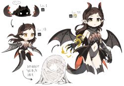 Rule 34 | ..., 1girl, breasts, brown hair, claws, clothing cutout, cocoon, dragon, dragon girl, dragon tail, dragon wings, egg, evolution, flying, gloves, grey gloves, hatch, highres, horns, idolmaster, idolmaster million live!, kitazawa shiho, leotard, level up, long hair, multiple views, navel cutout, parody, pointy ears, simple background, small breasts, spawnfoxy, speech bubble, spoken ellipsis, tail, thighhighs, white background, wings, yellow eyes