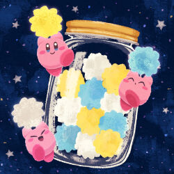 Rule 34 | blue eyes, blush stickers, candy, closed eyes, closed mouth, food, food focus, highres, jar, kirby, kirby (series), konpeitou, looking at viewer, miclot, night, night sky, nintendo, no humans, open mouth, sky, smile, star (symbol)