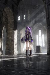 Rule 34 | 1girl, absurdres, altar, asteroid ill, black bow, black footwear, bow, brick wall, cathedral, full body, hair bow, highres, indoors, long hair, long sleeves, looking at viewer, nanashi inc., pillar, puppet strings, purple bow, purple hair, red eyes, shisui kiki, shisui kiki (1st costume), silk, sleeves past fingers, sleeves past wrists, solo, spider web, standing, stone pillar, virtual youtuber, window