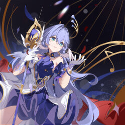Rule 34 | 1girl, absurdres, aqua eyes, asymmetrical gloves, bare shoulders, bracelet, dress, earrings, gloves, hair between eyes, halo, hand up, head wings, highres, holding, holding staff, honkai: star rail, honkai (series), jewelry, long hair, musical note, parted lips, purple dress, purple hair, robin (honkai: star rail), shiro momouron tey, smile, solo, staff, standing, two-tone dress, uneven gloves, white dress, white gloves, white wings, wings