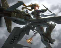 Rule 34 | 1girl, aircraft, airplane, b-17 flying fortress, balkenkreuz, blue eyes, bow (weapon), brown hair, burning, cross, do 335, flying, grey sky, headgear, highres, holding, holding bow (weapon), holding weapon, long hair, looking at viewer, luftwaffe, machinery, mecha musume, mixed-language commentary, original, outdoors, overcast, personification, sky, smoke trail, solo, swastika, tom-neko (zamudo akiyuki), twintails, weapon