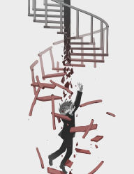 Rule 34 | 1other, absurdres, ambiguous gender, arms up, avogado6, breaking, brown hair, commentary, crack, falling, full body, gakuran, highres, looking up, original, pole, reaching, school uniform, shards, simple background, spiral staircase, stairs, white background