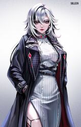 Rule 34 | 1girl, alternate costume, arlecchino (genshin impact), artist name, belt, black belt, black coat, black hair, coat, commentary, cowboy shot, dress, earrings, genshin impact, grey hair, hand in pocket, highres, jewelry, long hair, looking at viewer, multicolored hair, open clothes, open coat, red lips, side slit, solleen, solo, standing, streaked hair, very long hair, white dress