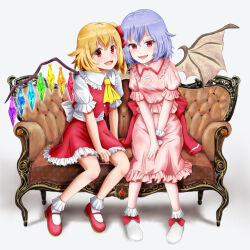 Rule 34 | 2girls, ascot, back bow, bat wings, blonde hair, blush, bobby socks, bow, breasts, collared shirt, couch, crystal, fangs, flandre scarlet, frilled shirt collar, frilled sleeves, frills, full body, hair between eyes, kisaragi koushi, large bow, looking at viewer, mary janes, medium hair, multicolored wings, multiple girls, nail polish, no headwear, on couch, open mouth, pink nails, pink shirt, puffy short sleeves, puffy sleeves, purple hair, rainbow order, red bow, red footwear, red nails, red skirt, red vest, remilia scarlet, shirt, shoes, short sleeves, siblings, simple background, sisters, sitting, skirt, skirt set, small breasts, socks, touhou, v arms, vest, white background, white bow, white shirt, white socks, wings, yellow ascot