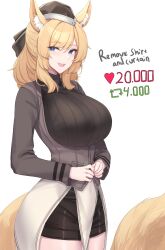 Rule 34 | 1girl, absurdres, animal ear fluff, animal ears, arknights, black shorts, blonde hair, blue eyes, blush, breasts, fang, from side, garrison cap, hat, highres, horse ears, horse girl, horse tail, kanta (kanta 077), large breasts, long hair, long sleeves, looking at viewer, meme, open mouth, shorts, simple background, smile, solo, sweater, tail, turtleneck, turtleneck sweater, twitter strip game (meme), whislash (arknights), white background