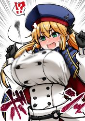 Rule 34 | !?, 1girl, alternate breast size, artoria caster (fate), artoria caster (second ascension) (fate), artoria pendragon (fate), beret, blonde hair, blue cape, blue headwear, blush, breasts, buttons, cape, crying, double-breasted, dress, emphasis lines, fate/grand order, fate (series), gloves, green eyes, hat, highres, kanno takanori, large breasts, long hair, long sleeves, motion blur, multicolored cape, multicolored clothes, open mouth, simple background, surprised, tearing up, twintails, white background, white dress
