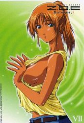 Rule 34 | 00s, 1girl, breasts, copyright name, dark-skinned female, dark skin, dated, english text, from side, green background, green eyes, large breasts, no bra, noel links, orange hair, ponytail, sideboob, simple background, solo, zone of the enders, zone of the enders: dolores i