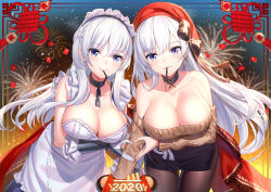 Rule 34 | 2020, 2girls, aerial fireworks, alternate costume, apron, aran sweater, azur lane, bare shoulders, belfast (azur lane), belfast (shopping with the head maid) (azur lane), beret, black skirt, blue eyes, blush, braid, breasts, broken, broken chain, brown legwear, brown sweater, cable knit, chain, chinese new year, choker, cleavage, closed mouth, collar, collarbone, commentary request, cowboy shot, dress, dual persona, earrings, elbow gloves, fireworks, floating hair, flower knot, food, french braid, gloves, hat, heart, heart hands, heart hands duo, hoop earrings, jewelry, large breasts, leaning forward, long hair, long sleeves, looking at viewer, maid, maid headdress, miniskirt, mouth hold, multiple girls, off-shoulder sweater, off shoulder, pantyhose, pencil skirt, pocky, purple eyes, red headwear, red ribbon, ribbon, ririko (zhuoyandesailaer), shawl, side-by-side, side braid, skirt, sleeveless, sleeveless dress, smile, standing, sweater, tassel, thigh gap, very long hair, white apron, white dress, white gloves, white hair