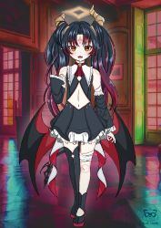 Rule 34 | 1girl, absurdres, asymmetrical legwear, bandages, black hair, blue tanuki, blush, commission, demon girl, demon horns, demon wings, dress, fang, halo, highres, horns, idol corp, indoors, lily sin, long hair, looking at viewer, multicolored hair, navel, open mouth, orange eyes, shoes, stomach, virtual youtuber, wings