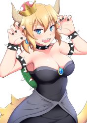 Rule 34 | 1girl, :d, armlet, bare shoulders, black nails, blonde hair, blue eyes, blush, bowsette, bracelet, breasts, cleavage, collar, collarbone, commentary request, crown, earrings, highres, horns, jewelry, looking at viewer, mario (series), medium breasts, nail polish, new super mario bros. u deluxe, nintendo, open mouth, sharp teeth, short hair, simple background, smile, solo, spiked armlet, spiked bracelet, spiked collar, spikes, sukeberosu, super crown, tail, teeth, white background