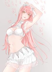 Rule 34 | 1girl, 2017, arm up, armpits, artist name, bra, breasts, contrapposto, cowboy shot, fate/grand order, fate (series), frills, gradient background, grey background, heart, long hair, looking at viewer, medb (fate), navel, orii (orii i), parted lips, pink hair, signature, skirt, small breasts, smile, solo, standing, tiara, underwear, very long hair, white bra, white skirt, yellow eyes