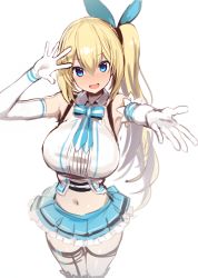 Rule 34 | 1girl, :d, absurdres, blonde hair, blue bow, blue bowtie, blue eyes, blue skirt, blush, bow, bowtie, breasts, elbow gloves, gloves, greatmosu, hair between eyes, hair bow, hand up, highres, large breasts, legs together, long hair, looking at viewer, midriff, miniskirt, mirai akari, mirai akari project, navel, open mouth, outstretched arm, side ponytail, simple background, sketch, skirt, smile, solo, thigh gap, virtual youtuber, waving, white background, white gloves