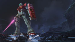 Rule 34 | 1other, battle damage, beam saber, cliff, commentary request, dark sky, energy gun, energy sword, fried-noodles-c, gm (mobile suit), gundam, highres, holding, holding shield, holding sword, holding weapon, insignia, looking to the side, mecha, mobile suit gundam, outdoors, pilot suit, realistic, river, robot, rock, scratches, shield, standing, sword, weapon