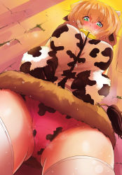 Rule 34 | 1girl, animal ears, animal print, bell, blonde hair, blush, breasts, comic, cow ears, cow girl, cow horns, cow print, cow tail, cowbell, denizen tomo, female focus, green eyes, highres, horns, large breasts, long hair, looking at viewer, lying, monster girl, on back, original, panties, pink panties, self-upload, shadow, smell, socks, solo, tail, thighhighs, underwear, wall