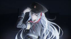 Rule 34 | 1girl, 86 -eightysix-, adjusting clothes, adjusting headwear, armband, black jacket, breasts, closed mouth, commentary, cropped jacket, flippy (cripine111), gloves, grey eyes, hair between eyes, hat, highres, jacket, large breasts, long hair, looking at viewer, military hat, military jacket, military uniform, multicolored hair, peaked cap, red hair, shirt, solo, streaked hair, underbust, uniform, vladilena millize, white gloves, white hair, white shirt