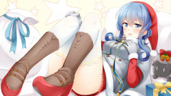 Rule 34 | 1girl, animal, bell, blue eyes, blue hair, blush, boots, bow, box, breasts, christmas, commentary request, dress, fur trim, gift, gift box, gloves, gotland (kancolle), hair between eyes, hair bun, hat, highres, jacket, jingle bell, kantai collection, long hair, long sleeves, looking at viewer, lying, mole, mole under eye, open mouth, pillow, red dress, ribbon, rui shi (rayze ray), sack, santa costume, santa hat, single hair bun, smile, solo, thighhighs
