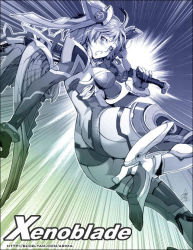 Rule 34 | 1girl, ass, bodysuit, breasts, cleavage, fiora (xenoblade), high heels, kicking, legs, mecha-fiora, mecha-fiora (speed cowling), monochrome, nintendo, open mouth, shoes, solo, speed lines, spoilers, thighs, xenoblade chronicles 1, xenoblade chronicles (series)
