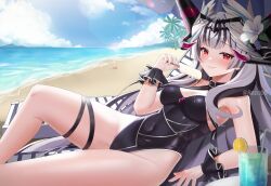 Rule 34 | 1girl, absurdres, alternate costume, beach, black hair, blunt bangs, breasts, commission, dark persona, fire emblem, fire emblem engage, food, highres, holding, holding food, holding popsicle, leotard, medium breasts, multicolored hair, nintendo, ocean, popsicle, red eyes, sand, solo, starfish, strapless, strapless leotard, swimsuit, thigh strap, tropical drink, two-tone hair, veyle (fire emblem), white hair, ziz (pandora707)