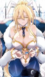 Rule 34 | 1girl, ahoge, animal ears, artoria pendragon (all), artoria pendragon (fate), artoria pendragon (swimsuit ruler) (fate), bare shoulders, blonde hair, blue neckwear, blue pantyhose, braid, breasts, cake, chair, cleavage, clothing cutout, detached collar, fake animal ears, fate/grand order, fate (series), feather boa, food, fork, french braid, green eyes, hair between eyes, highleg, highleg leotard, highres, large breasts, leotard, long hair, looking at viewer, navel, navel cutout, necktie, nogi (acclima), open mouth, pantyhose, playboy bunny, ponytail, rabbit ears, sidelocks, thighs, tiara, white leotard, window, wrist cuffs